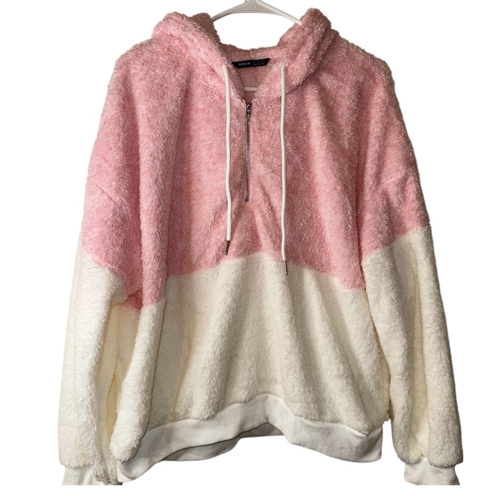 SHEIN Zip Half Placket Two Tone Teddy Drawstring Hooded Hoodie white/pink (XL)